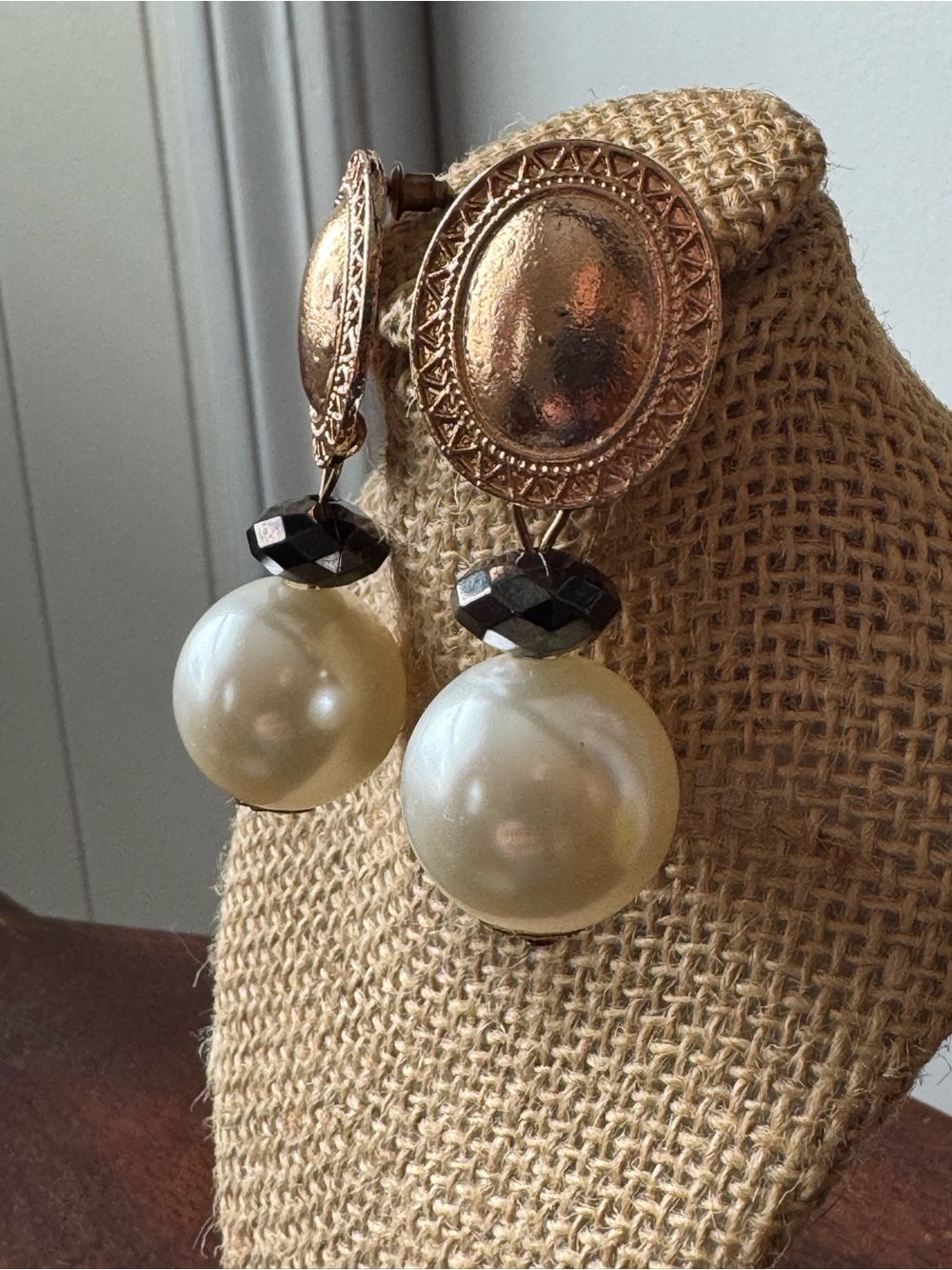 Gold-Tone Pearl Drop Earrings with Black Accent Beads